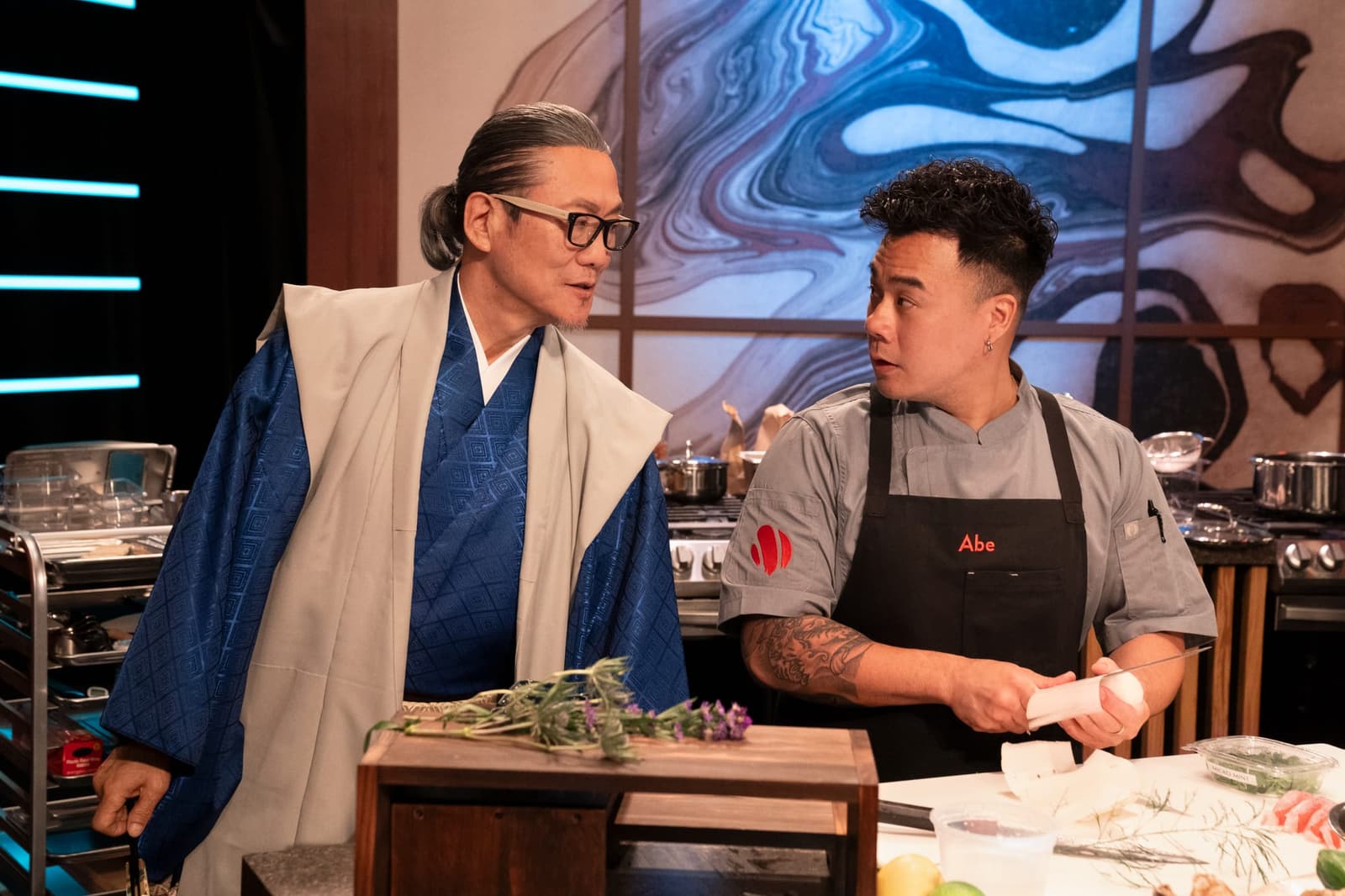 Chef Abe alongside Iron Chef Masaharu Morimoto on Morimoto's Sushi Master